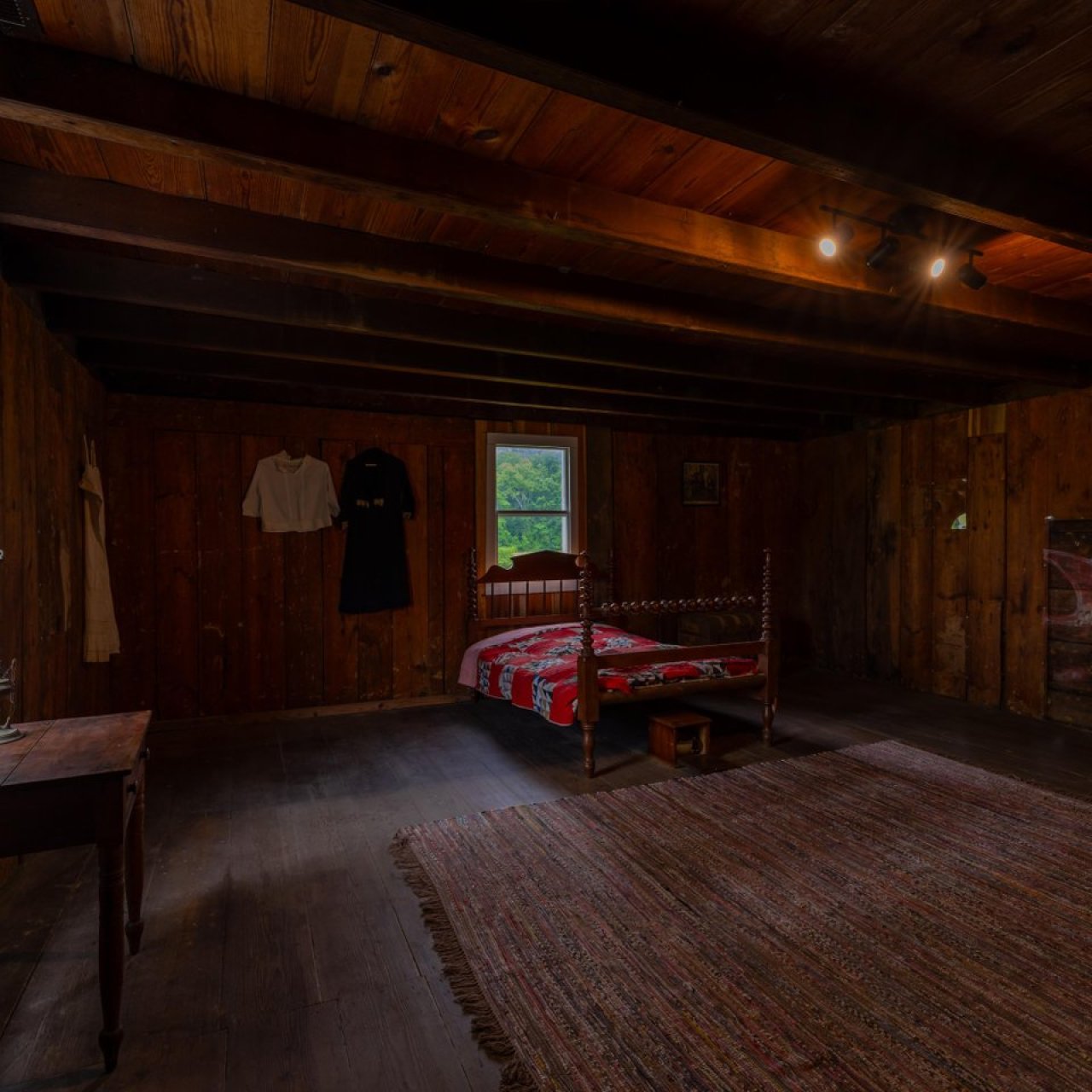 Wooden room with overhead lighting, windows, a carpet, artifacts hanging on the wall, and a bed
