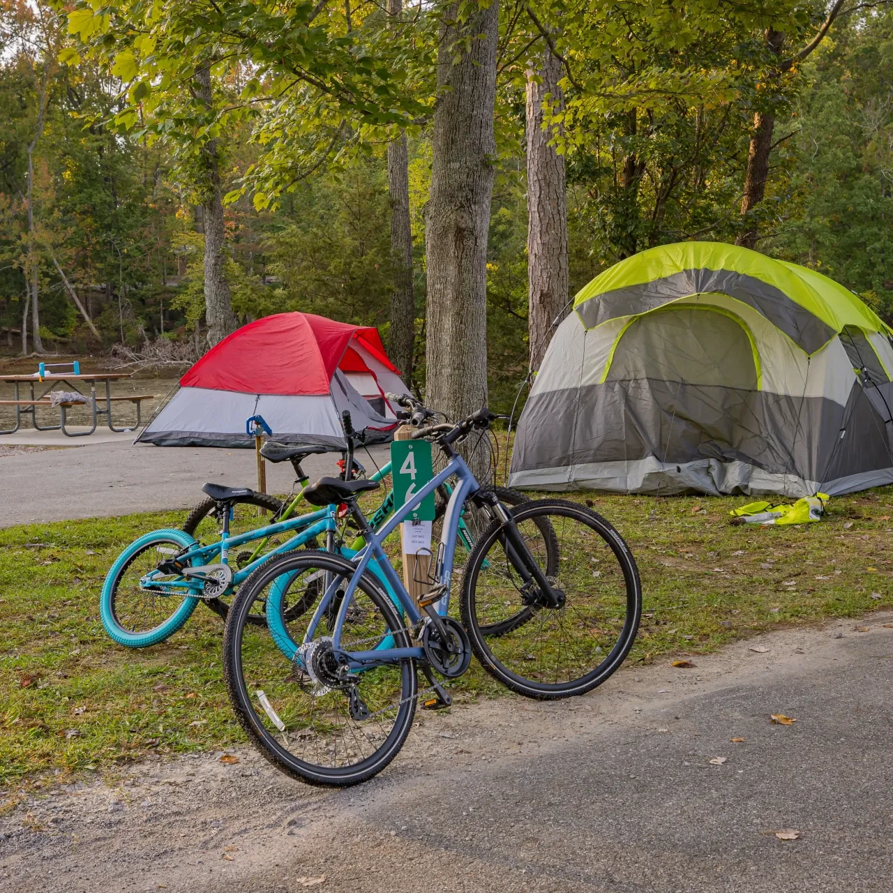Two tents, one red and gray, the other green and gray, are set up by a lakeside. Three bikes are parked nearby, and autumn trees surround the campsite.