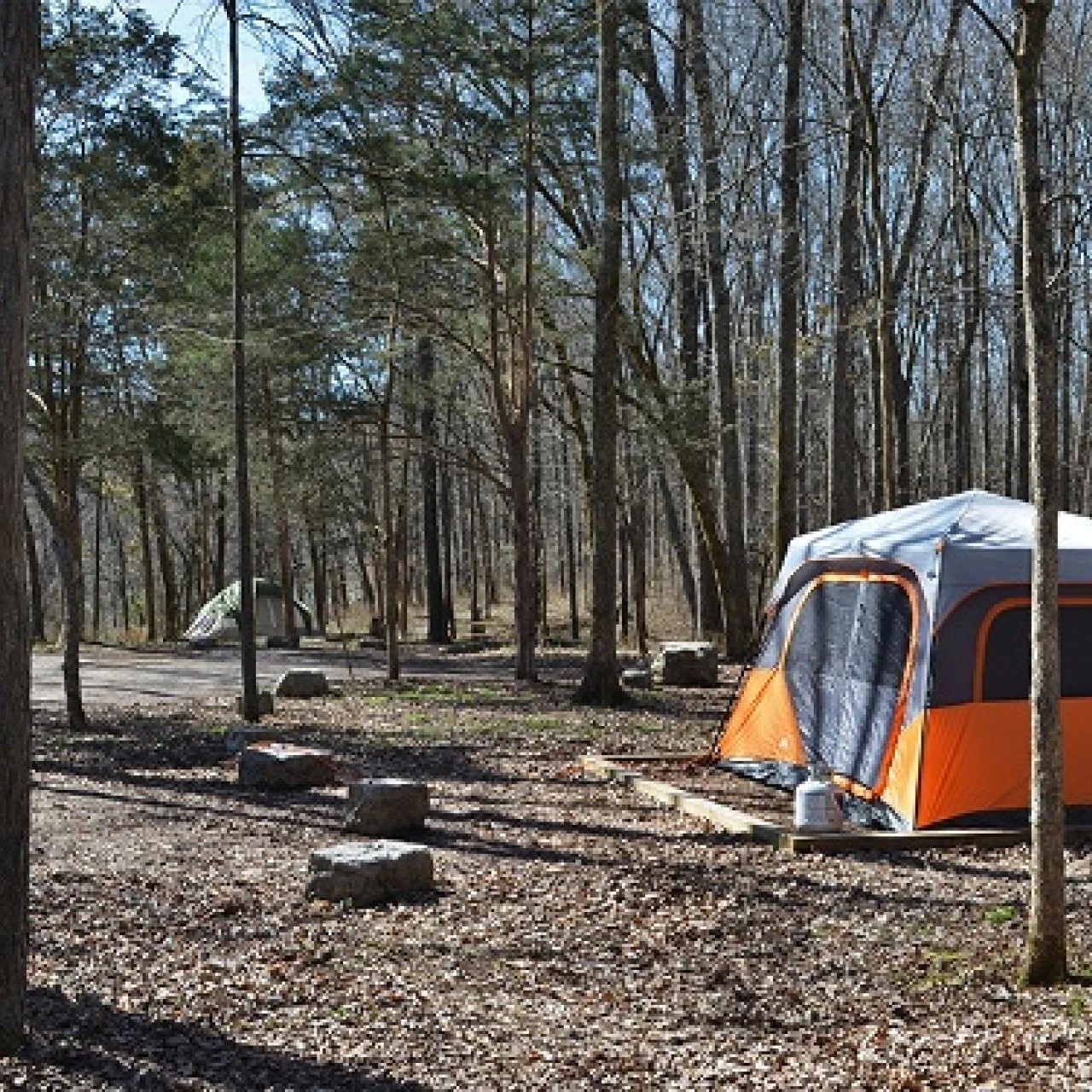 A large orange and gray tent set up in a wooded campground with another tent visible in the distance among tall trees.