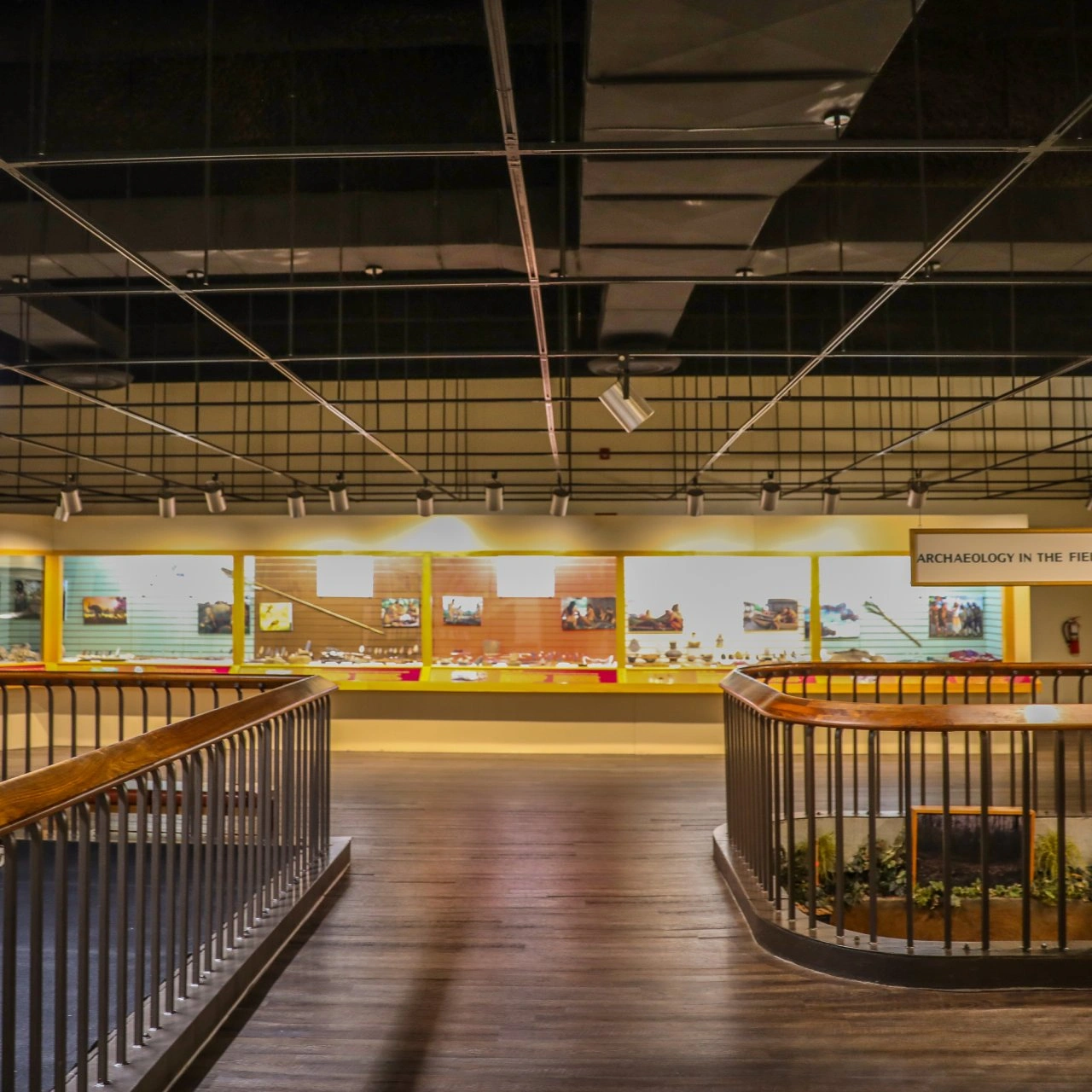 Museum exhibit with archaeology items, bright lights, and railing in foreground.