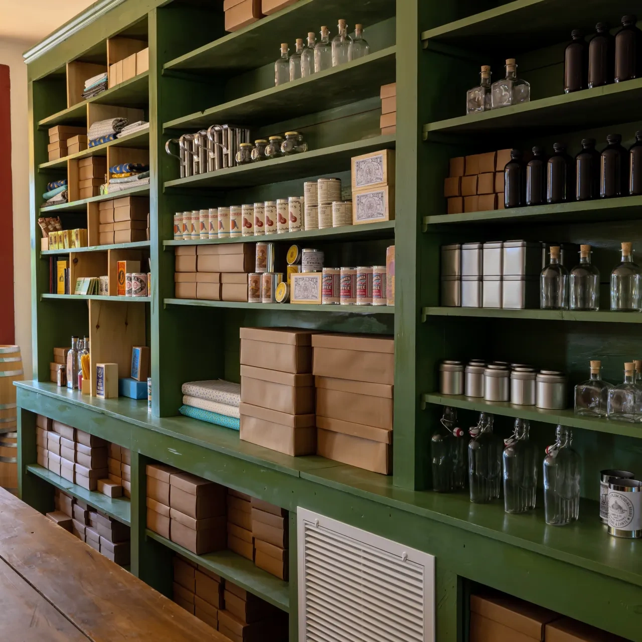 Wooden shelves with jars, boxes, and tins in a rustic store setting.