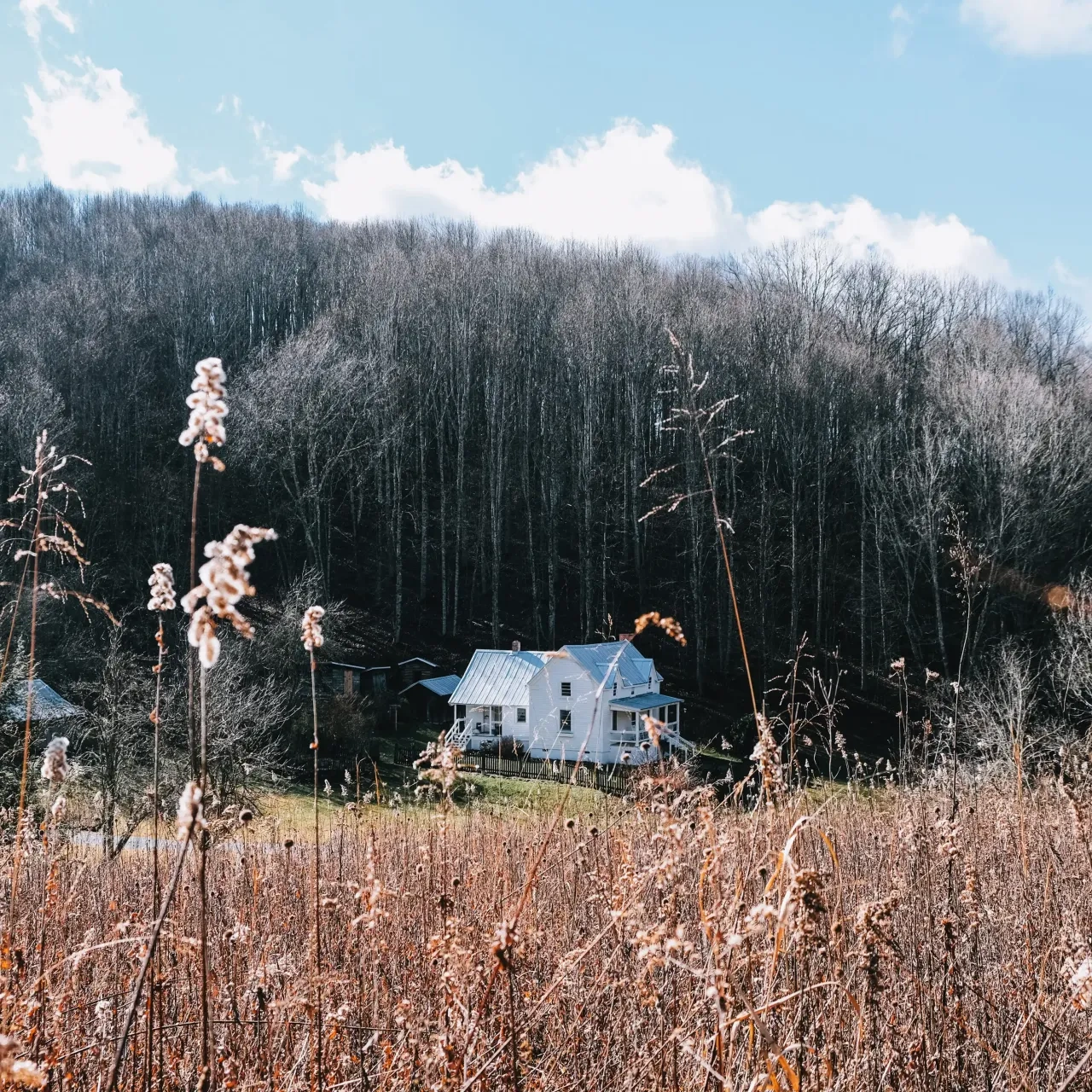 Aerial view of Miller Farmstead at Roan Mountain with surrounding fields and forest.