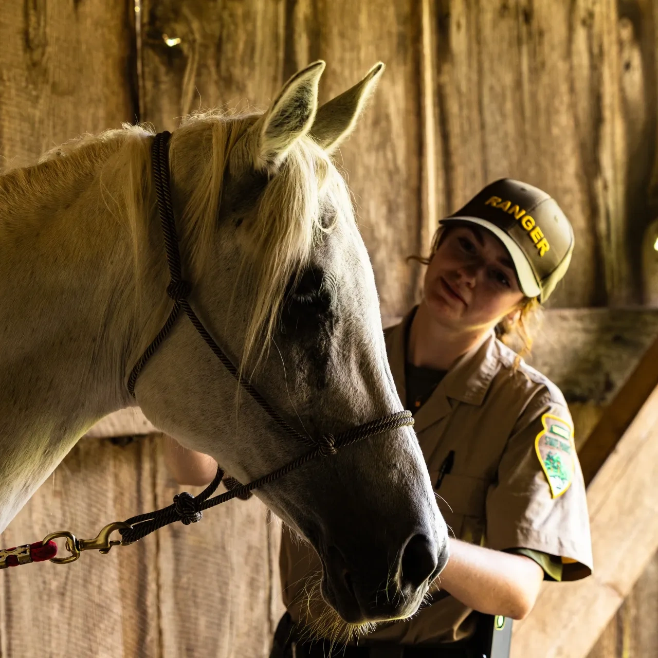 Ranger standing beside a white horse in a rustic barn setting.