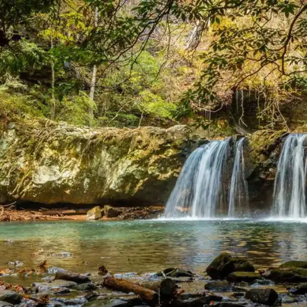 Waterfall cascading over rocks into a calm, forested pool.