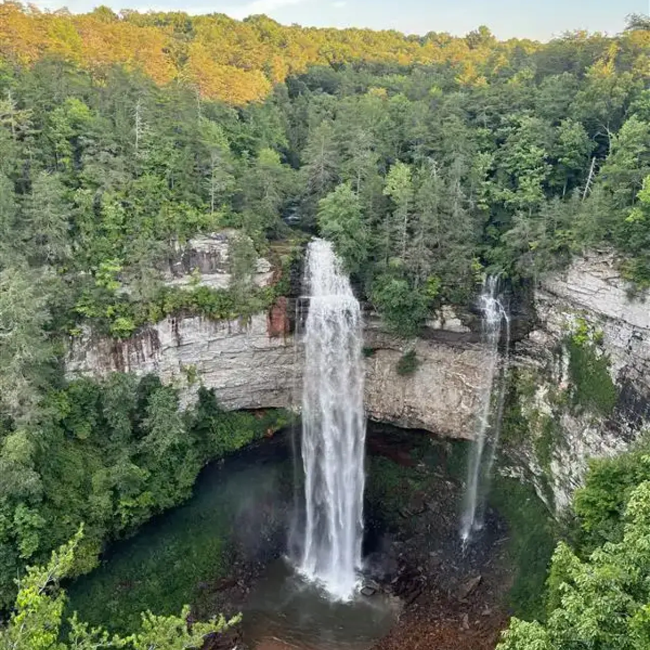 Tall waterfall cascading into a forested canyon.