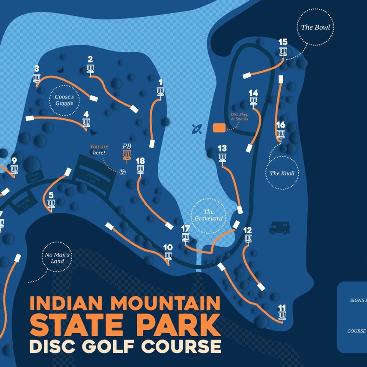 Map of the disc golf course at Indian Mountain State Park, showing hole layouts and course details.