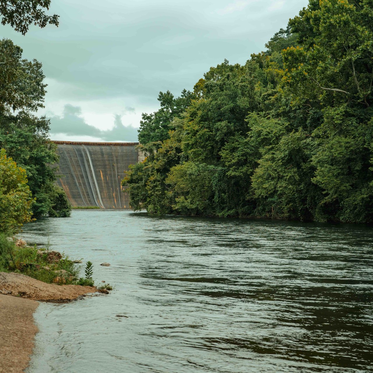 view of water flowing down a river surrounded by trees with a dam in the distance