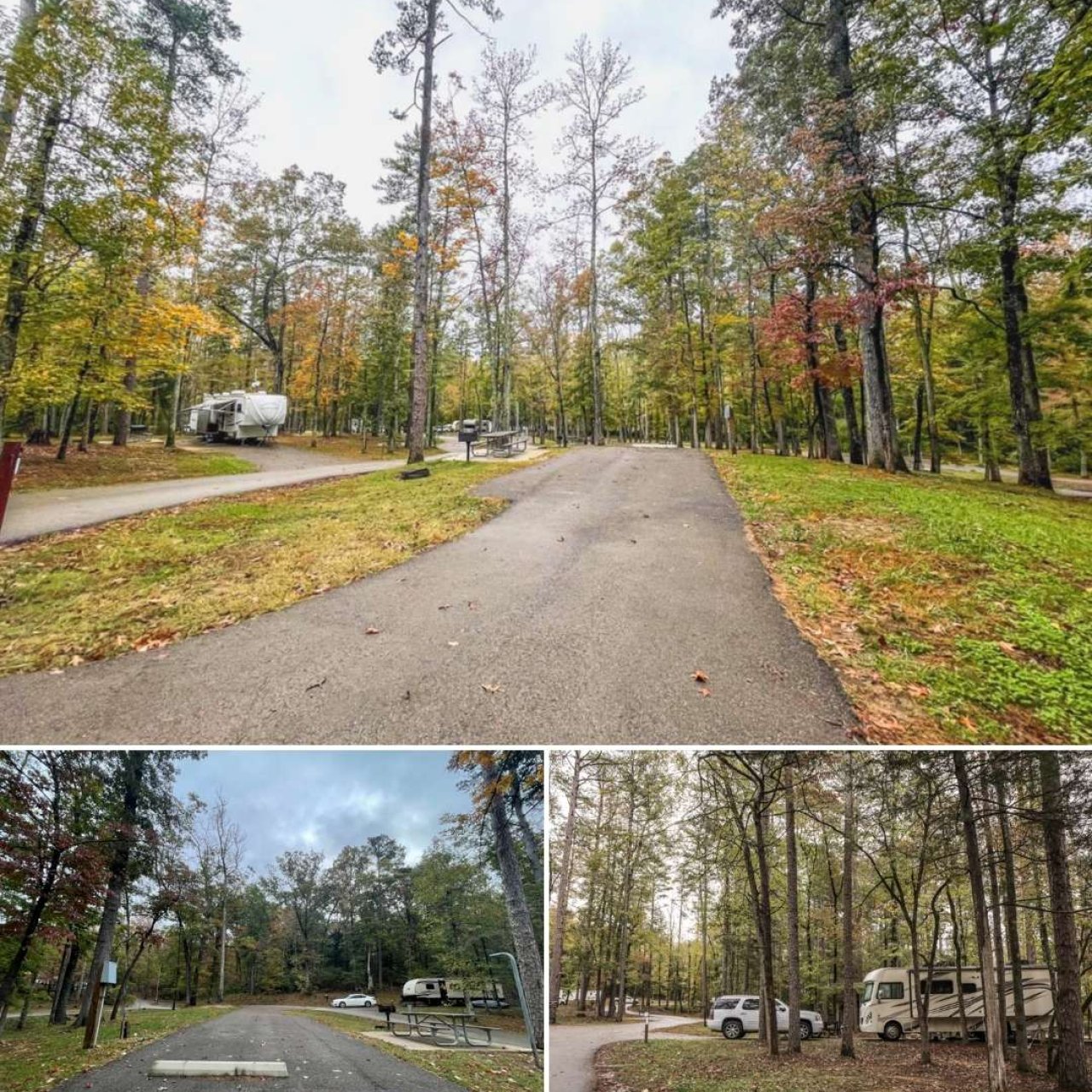 Collage of three autumnal RV park scenes with trees and campers.
