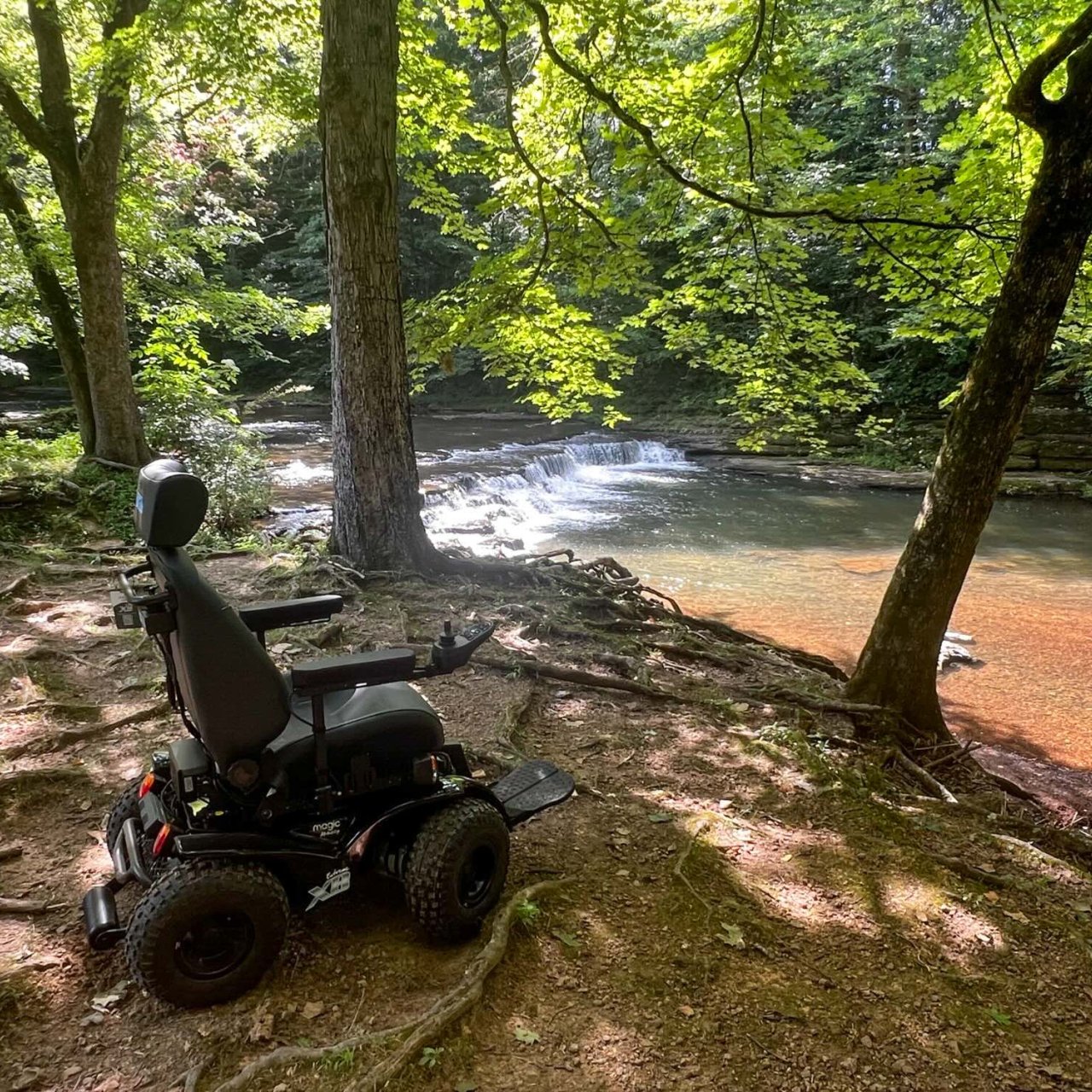 Motorized wheelchair beside a forest stream on a sunny day.