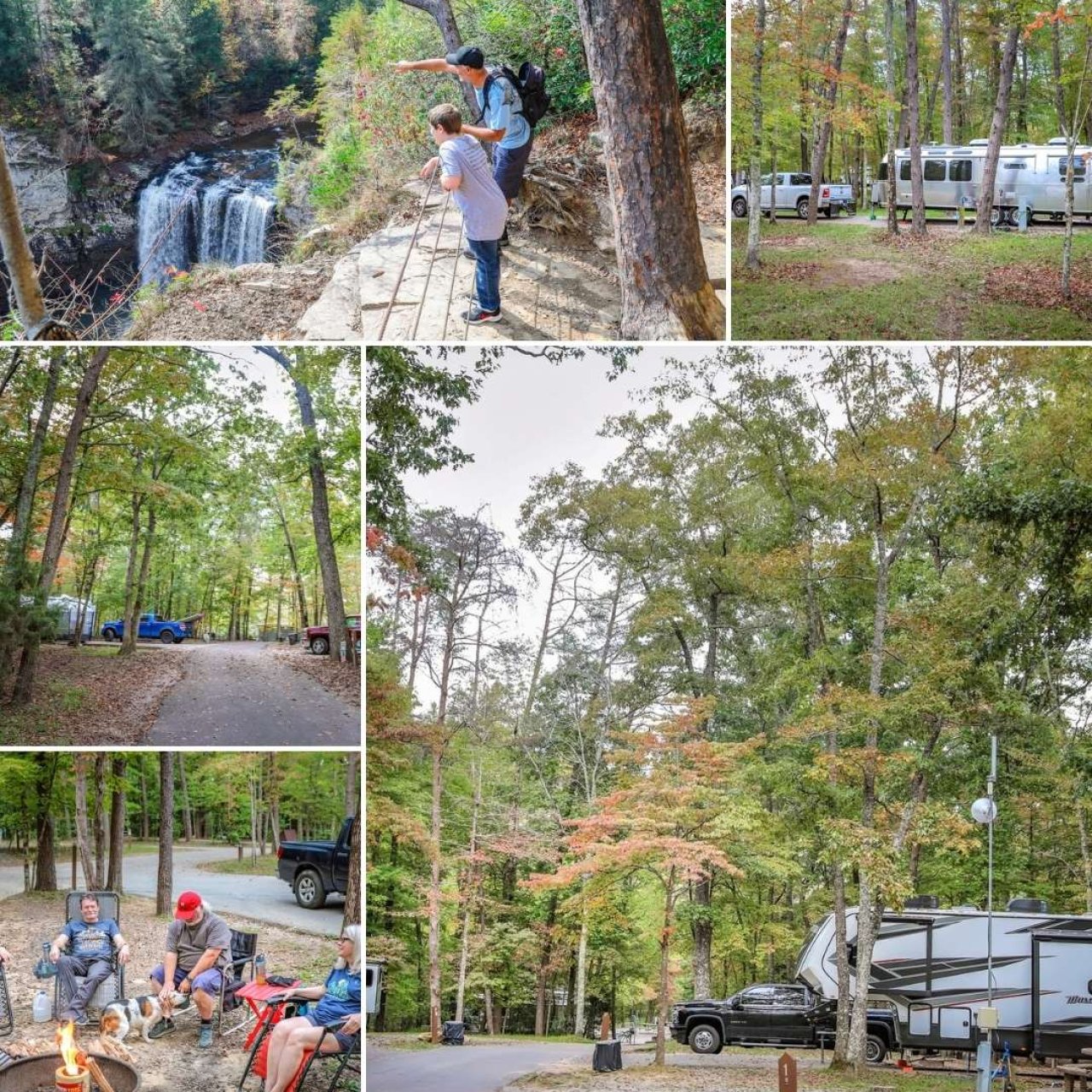 Collage of outdoor scenes including a waterfall, wooded campsite, and people enjoying a campfire.