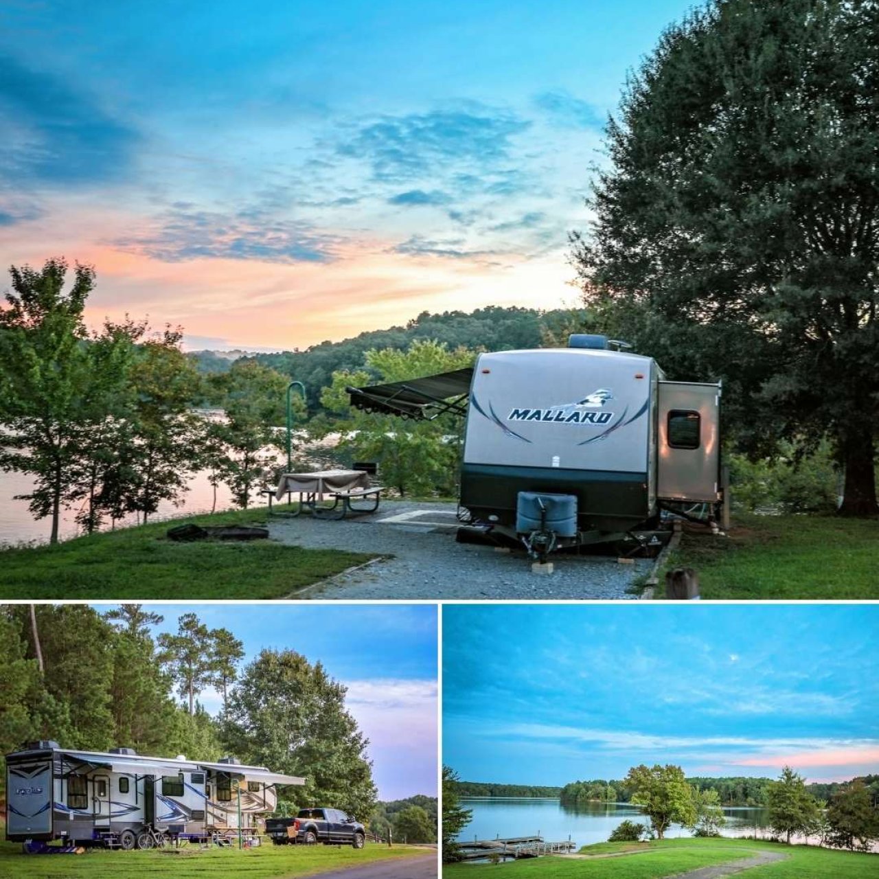 Collage of three scenic lakeside RV camping spots at different times of day.