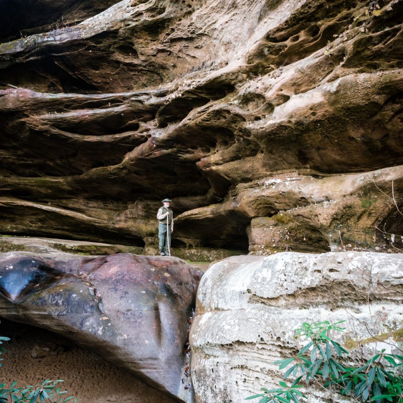 Person standing on a boulder in a rugged canyon.