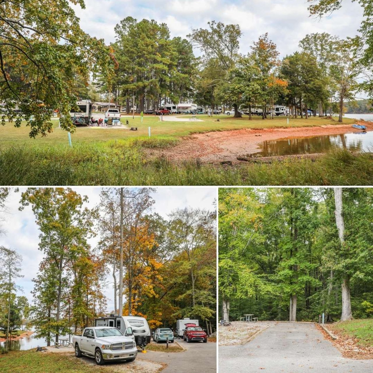 RVs and cars parked by autumn trees near a lake and a paved road.