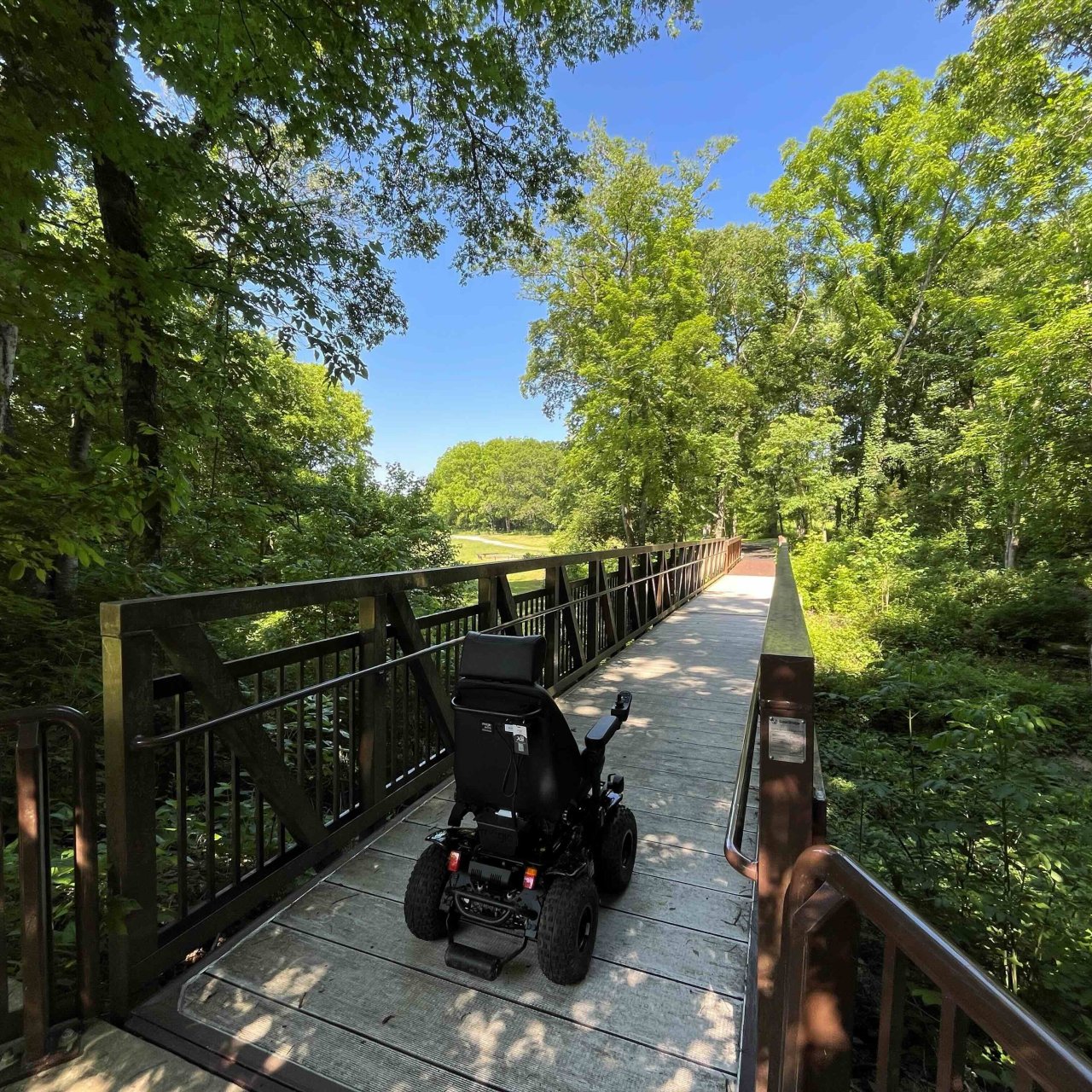 Motorized wheelchair on a lush forest bridge under clear blue skies.