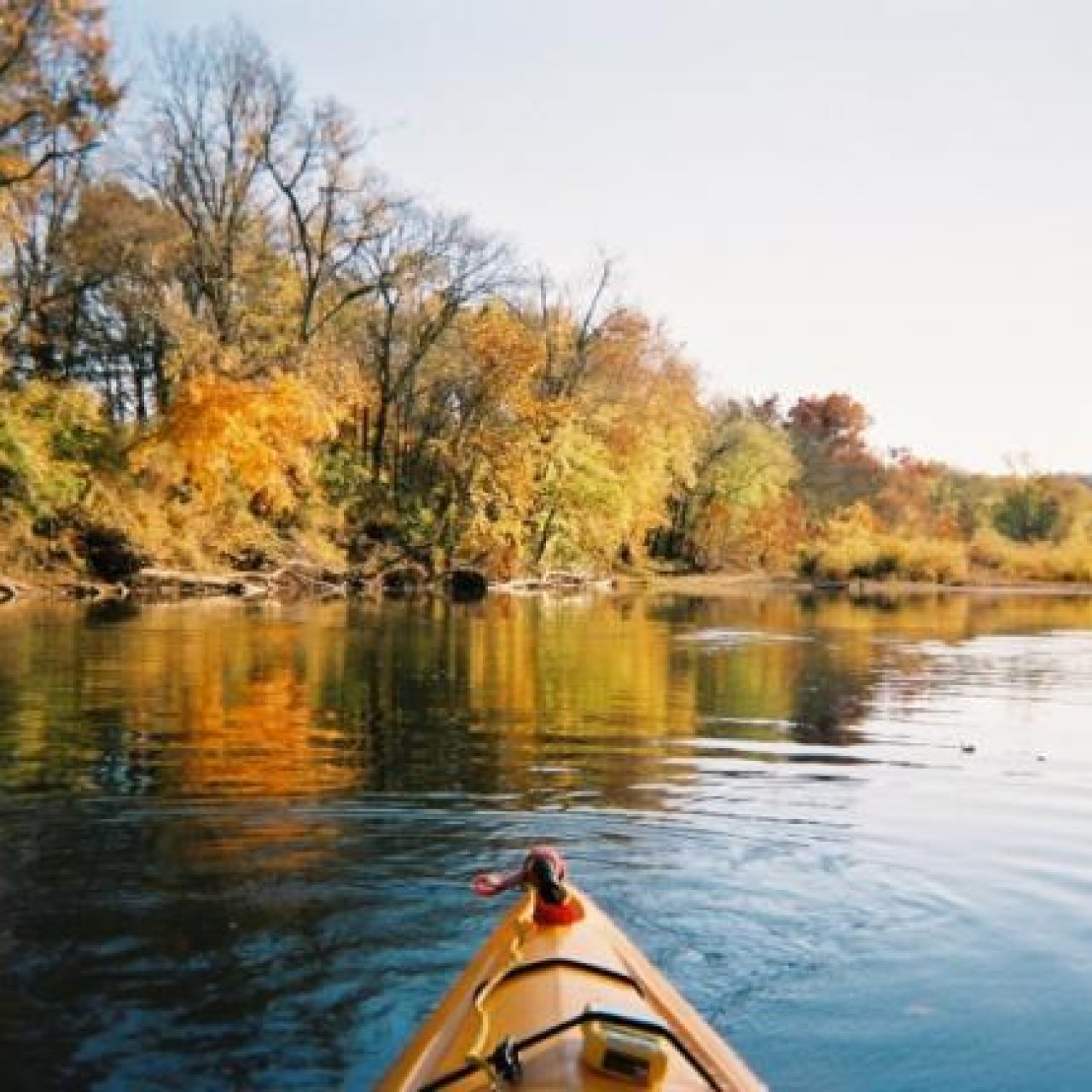 Kayak bow on a river flanked by autumn foliage.