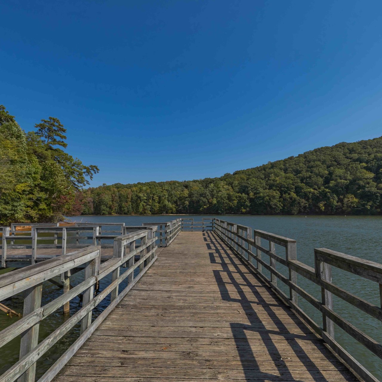 Wooden boardwalk extending over a serene lake surrounded by forest.