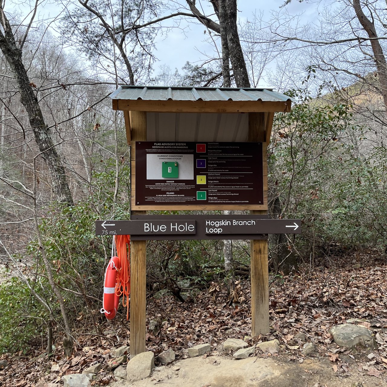 Trailhead signboard in a forest setting, with a life preserver attached.