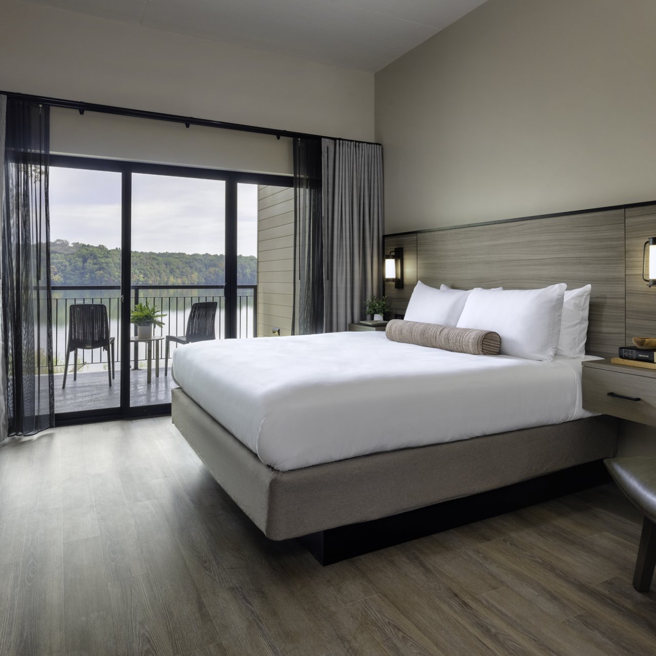 A king sized room overlooking the lake