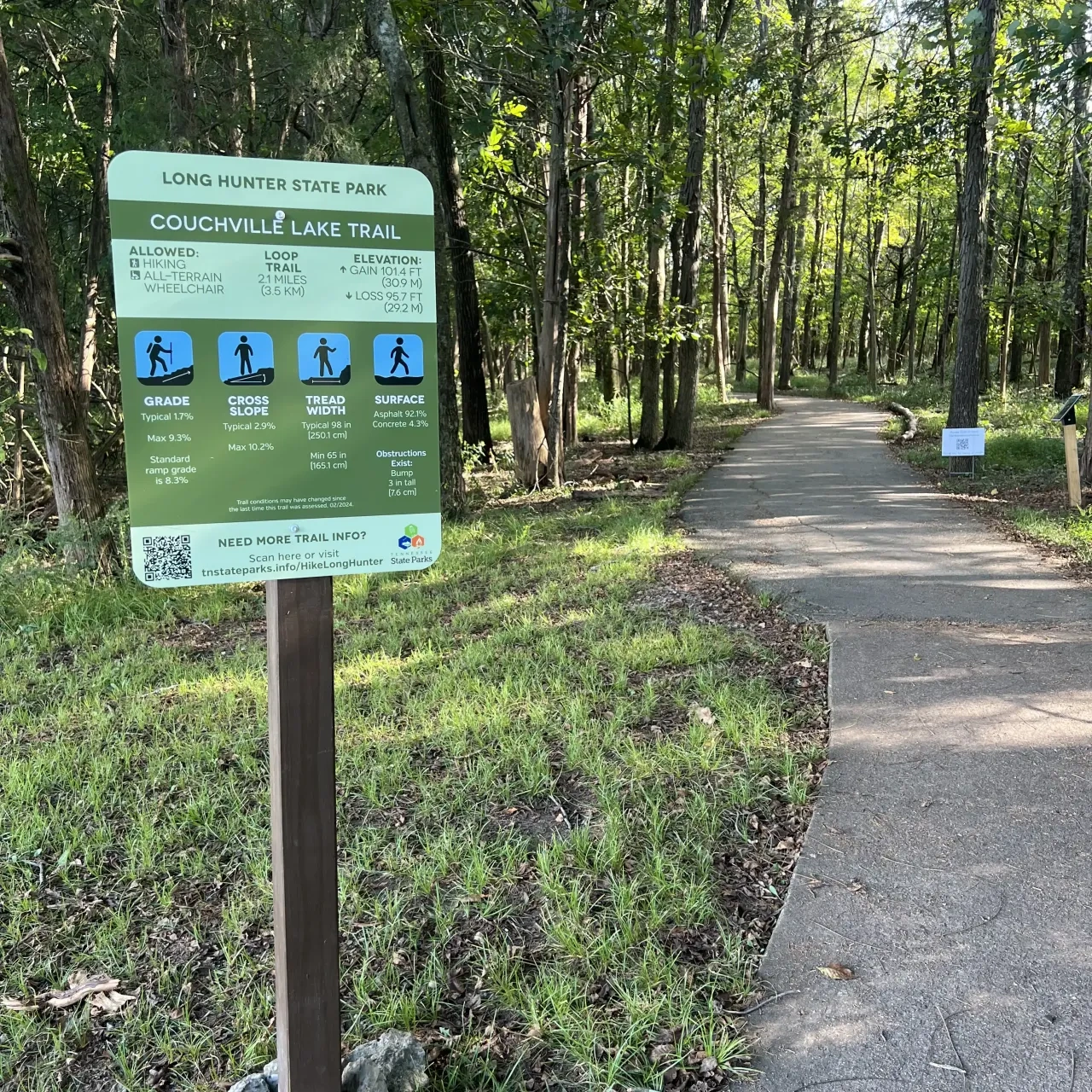 Informational sign beside a forest trail with icons indicating permitted activities.