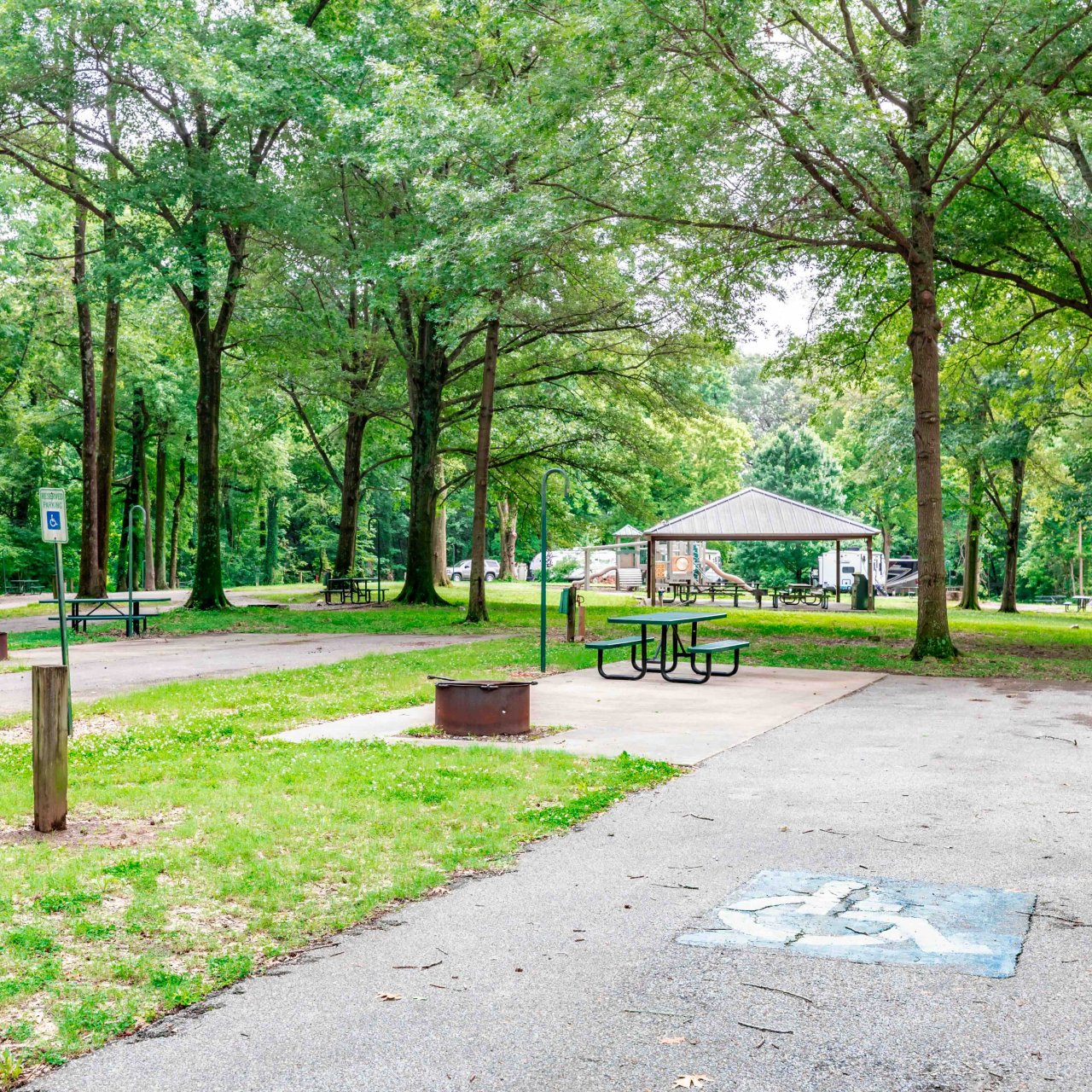 camping spot with a handicapped sign with a fire pit and picnic table.