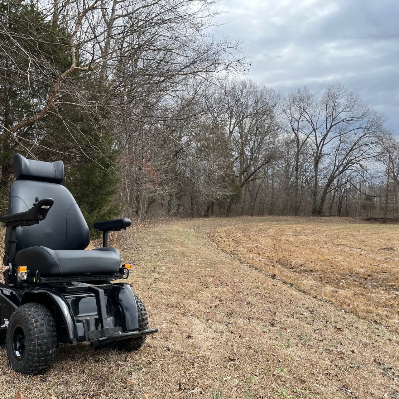 All terrain wheelchair in the fall with trees with no leaves behind it.