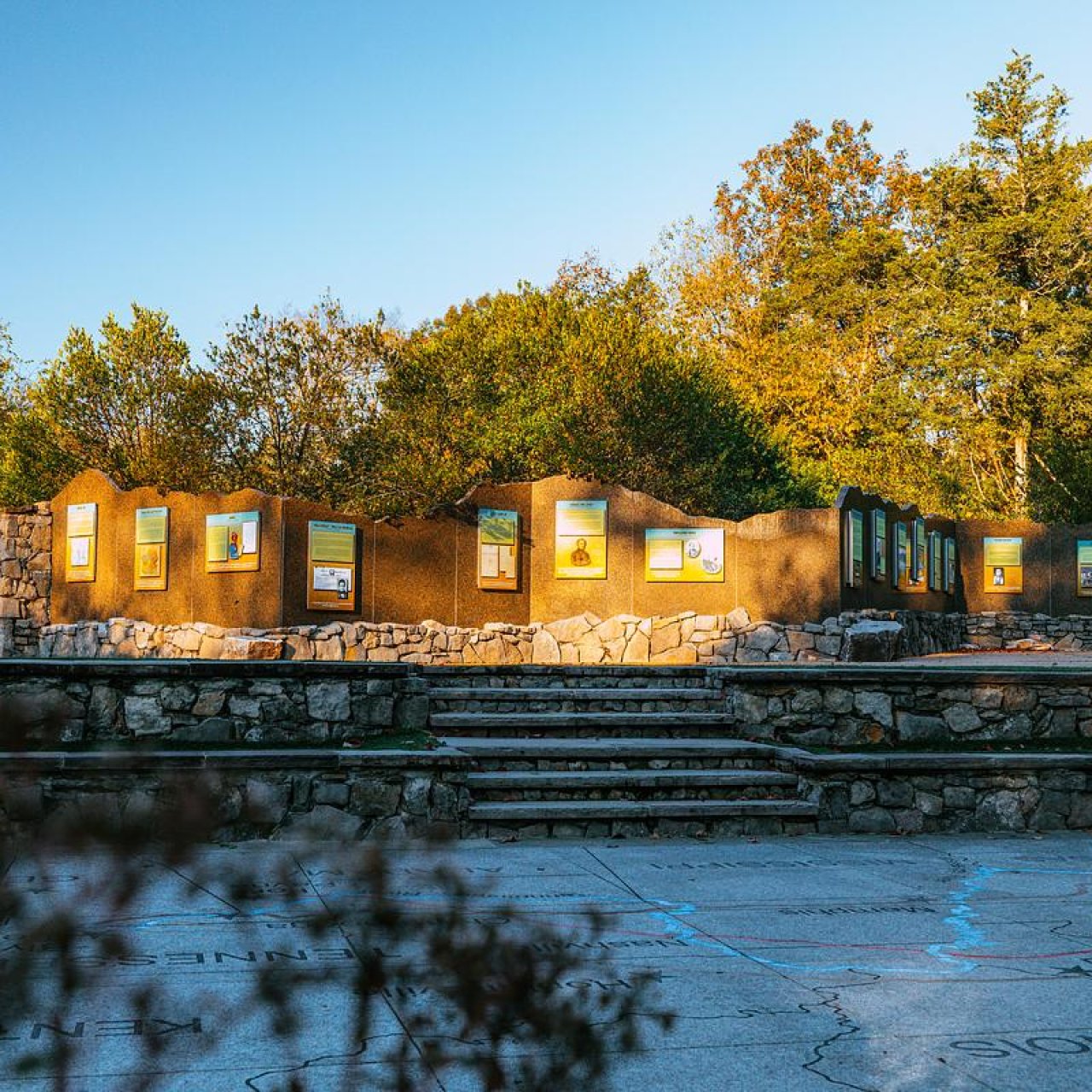 The memorial wall interpretive panels at Cherokee Trail of Tears State Park