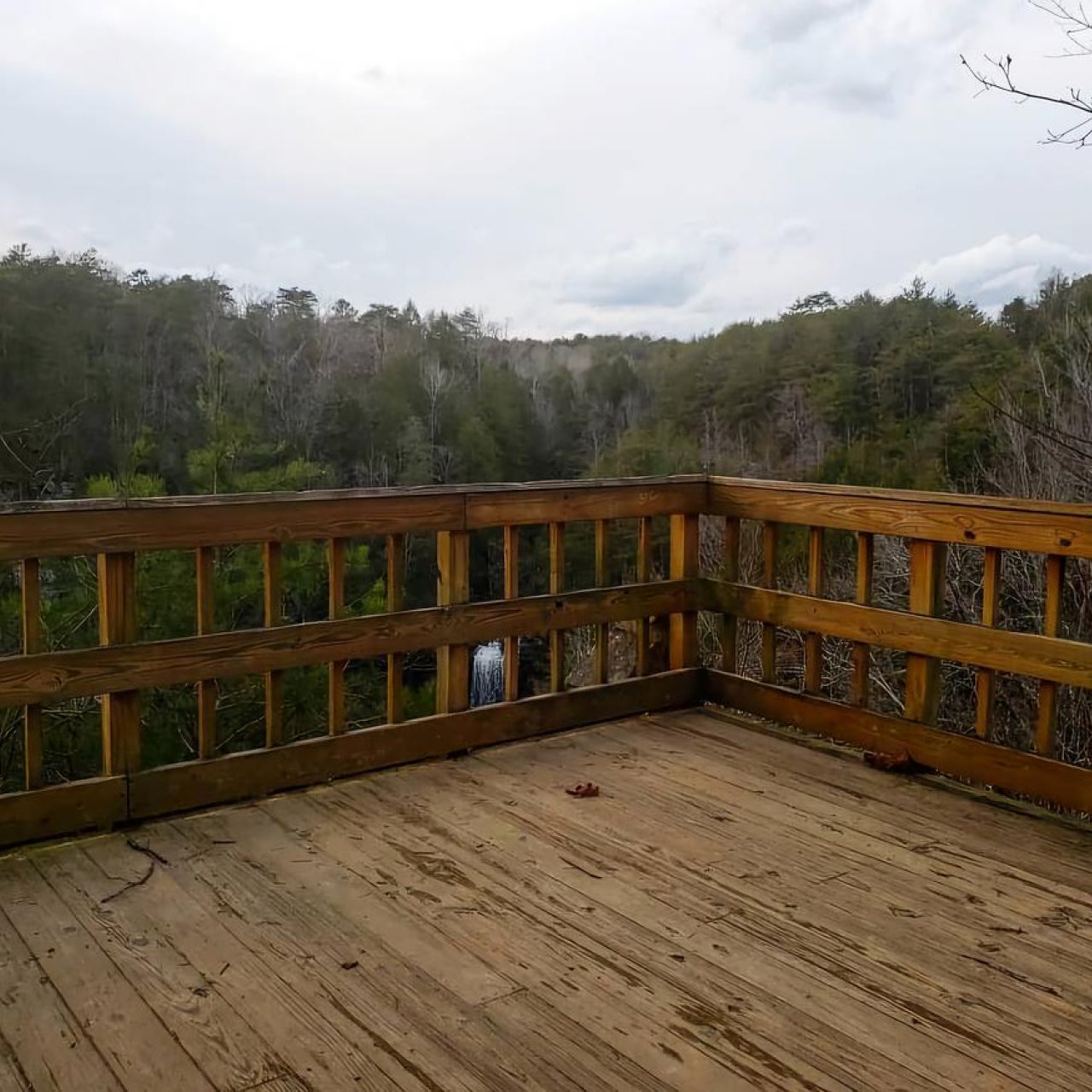 Wooden deck overlooking a valley of dark green trees and a waterfall.